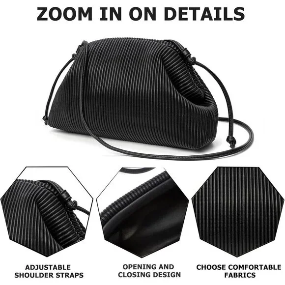 Women's Black Soft Cloud Bag Fashion Dumpling With Ruched Pouch Crossbody Bag - Picture 4 of 6